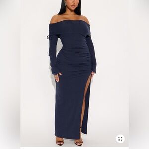 Fashion Nova Navy Off-Shoulder Long Sleeve Dress